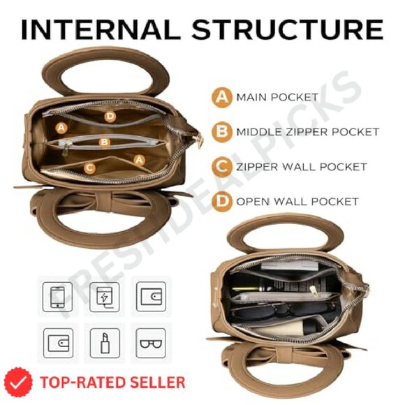 Vegan Leather Crossbody Bag Cute Bow Knot Chic Elegant Adjustable Strap - Picture 7 of 8